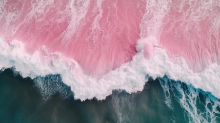 Top view of pink ocean waves crashing into turquoise ocean. 