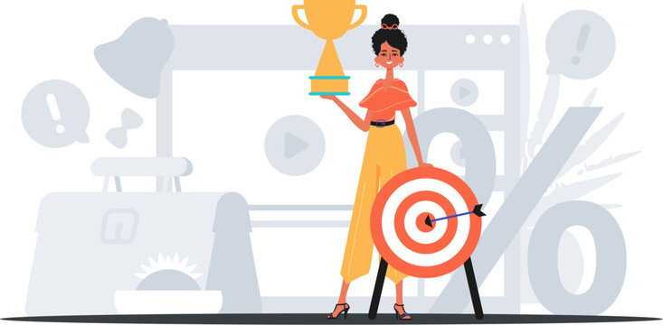 The daughter holds the achiever 's cup in his handwriting . winner concept. Trendy style, Vector Illustration