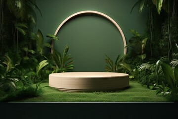 Fototapeta na wymiar Modern Minimalist Podium in Green Garden. 3D Illustration for Stage Design and Showcase Concept