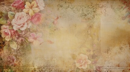 Golden vintage floral background with faded and distressed elements.