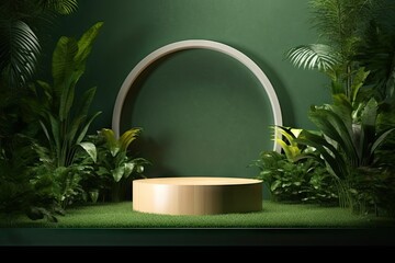 Modern Minimalist Podium in Green Garden. 3D Illustration for Stage Design and Showcase Concept