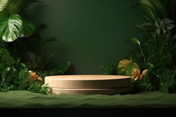 Fototapeta na wymiar Modern Minimalist Podium in Green Garden. 3D Illustration for Stage Design and Showcase Concept