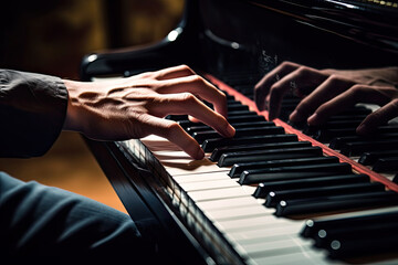 Fototapeta premium Close-up of a music performer's hand playing the piano