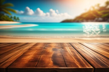 Fototapeta na wymiar photo wooden table with background tropical beach for product stand made with Generative AI