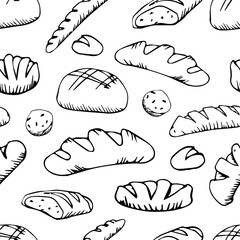 bread outline pattern. Drawing rye, whole grain and wheat bread, pretzel, muffin, pita bread, ciabatta, croissant, bagel, toast bread, French baguette for bakery menu decoration. Vector illustration.