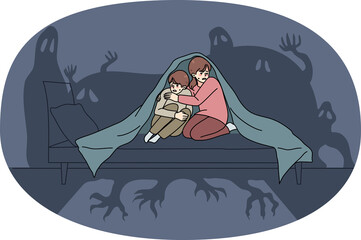 Scared small children afraid of ghosts
