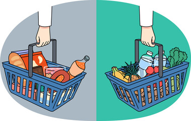 Shopping baskets with healthy and unhealthy products