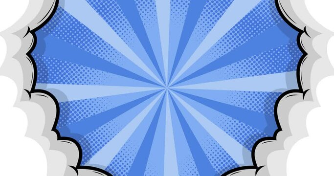 Retro radial background with Halftone and cloud animation. Cartoon comic style on blue 