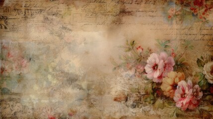 Grunge vintage scrapbook background with pink flowers in the corner.