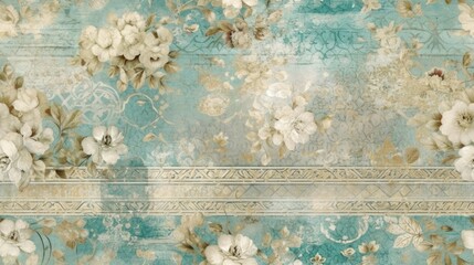 Distressed, vintage floral themed background in blue and white hues. 