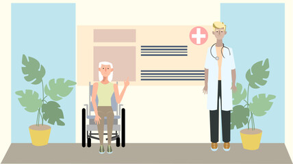 Vector image of doctor and senior patient in wheelchair. 2d vector