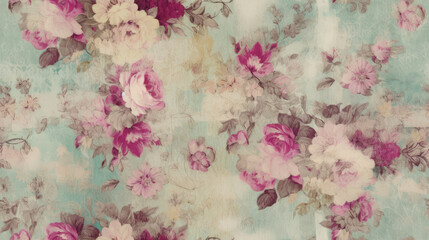 Textured shabby chic scrapbook paper background with pink flowers on a distressed teal background.