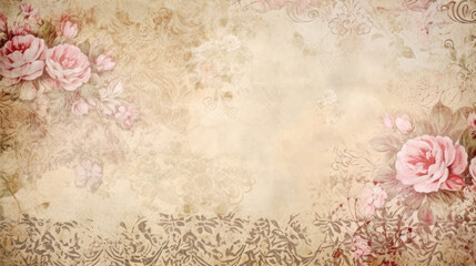 Distressed sepia vintage background with pink roses. Generative ai composite.