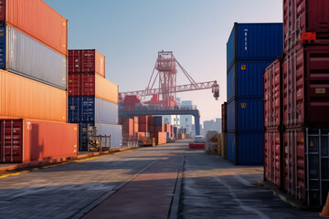 Cargo containers lined up for export, with a towering mast in the background. Capturing transportation logistics and international container cargo shipping. Generative AI.