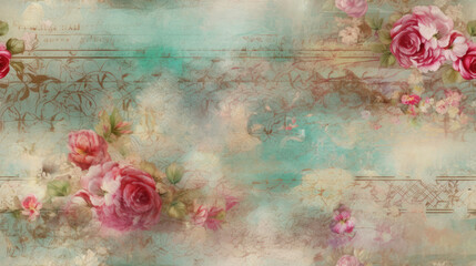 Vintage distressed background with pink roses and teal undertones. Generative ai composite.