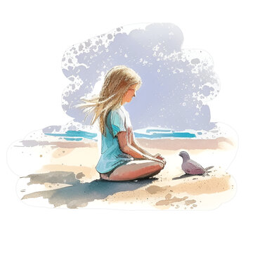 Watercolor beach illustration, generative ai