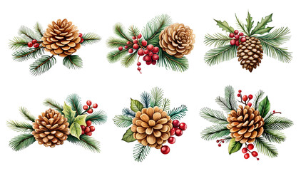 Fototapeta premium Christmas watercolor illustration with cone, fir tree and berries. Generative Ai