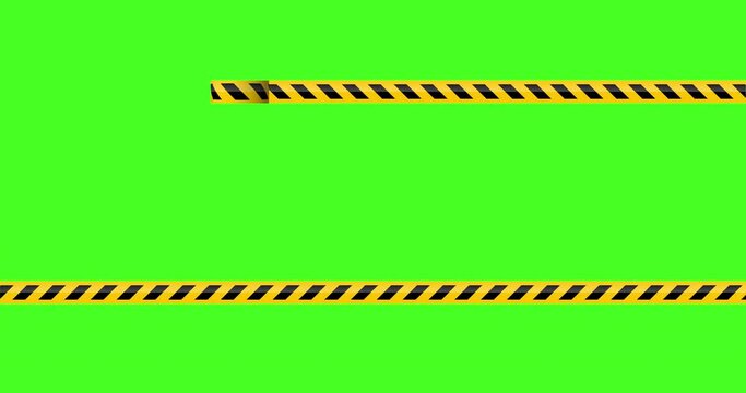 Black and yellow plastic warning tape or warning tape from a roll, 4K animation with green screen background.