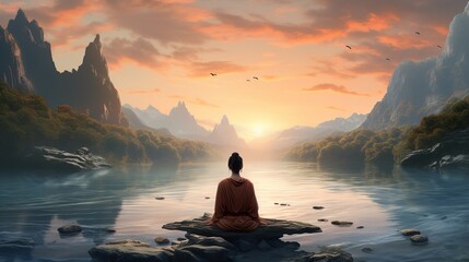 Naklejka na ściany i meble woman meditating surrounded by beautiful mountains