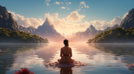 woman meditating surrounded by beautiful mountains - obrazy, fototapety, plakaty