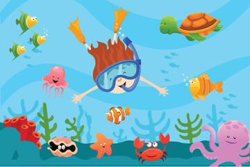 Cute Girl Diving And Exploring Under Water