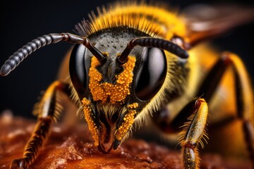 Photo of a close-up of a bee on a piece of wood