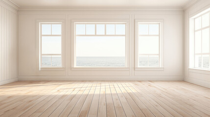 Fototapeta na wymiar beautiful empty white room with big windows and wooden floor