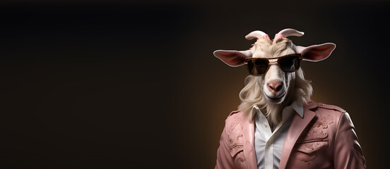 A portrait of a funky goat wearing sunglasses, pink jacket and pink tie on a seamless dark purple background, copy space for text. Generative AI technology