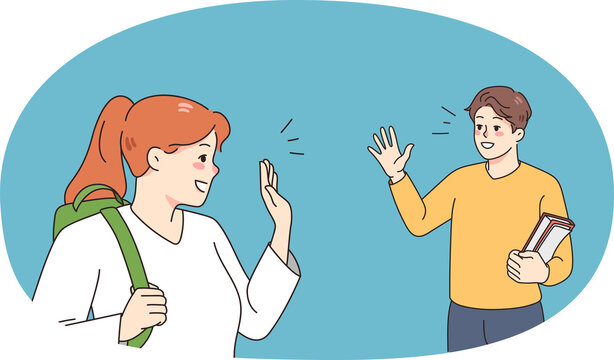 Smiling diverse employees wave saying goodbye