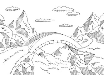 Bridge in mountain graphic black white landscape sketch illustration vector 