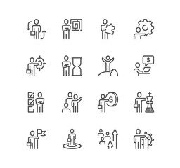 Set of business people related icons, team management, problem solution, leadership, teamwork, partnership, business organization and linear variety symbols.
