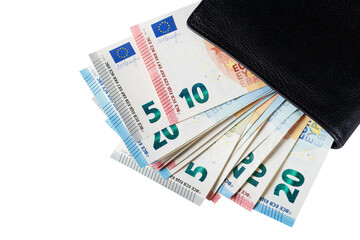 Euro banknotes in a black leather wallet, cut out