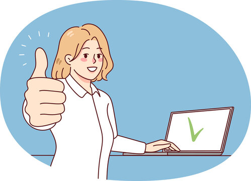 recommend clip art: Smiling woman working on laptop showing thumb up