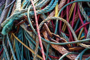 multicoloured trawl ropes and nets with drawn ropes and footrope 