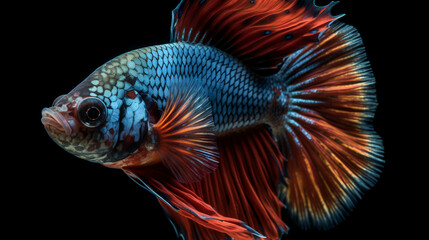 Fototapeta premium A mesmerizing sight unfolds as a Betta fish poses in a mirrored reflection, displaying its vivid colors and intricate patterns mirrored on the water's surface.