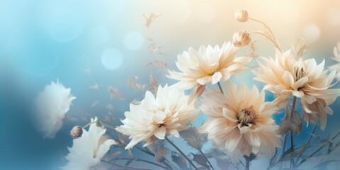 Naklejka na ściany i meble Beautiful abstract beige blue off-white misty morning photo floral design background banner. beautiful Generative AI AIG32