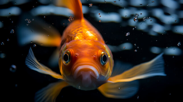 A captivating moment captured in this photograph, showcasing a goldfish swimming gracefully in a beautifully curved pose
