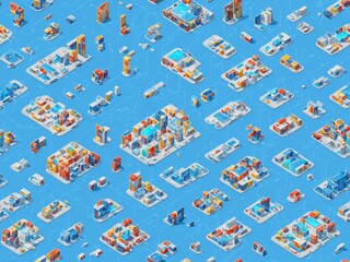Naklejka premium Graphic city building, real estate, house and cityscape architecture and nature environment in 3D isometric design on blue background. Generative AI