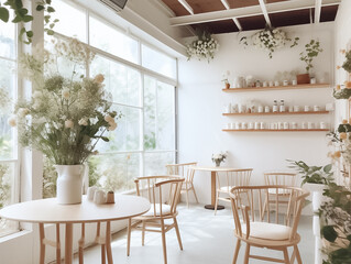 Interior design of a cafe with white counter, bakery display, wooden counter with chairs by window. Morning Sunlight, Hanging plants Background. Generative AI.