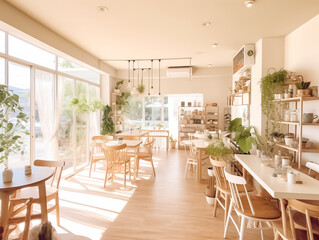 Fototapeta na wymiar Interior design of a cafe with white counter, bakery display, wooden counter with chairs by window. Morning Sunlight, Hanging plants Background. Generative AI.