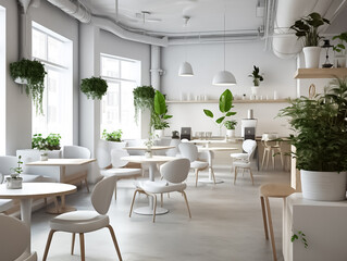 Fototapeta na wymiar Interior design of a cafe with white counter, bakery display, wooden counter with chairs by window. Morning Sunlight, Hanging plants Background. Generative AI.