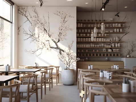 Interior Design Of A Cafe With White Counter, Bakery Display, Wooden Counter With Chairs By Window. Morning Sunlight, Hanging Plants Background. Generative AI.