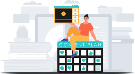 Obraz premium The Man sits on the capacitance design and holds a windowpane with a television receiver liquidator record study . digital betray concept. Trendy style, Vector Illustration