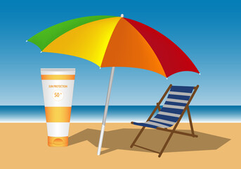 Anuncio de crema de protección solar con el paisaje de una playa de arena, sombrilla de colores y hamaca de rayas en azul y blanca