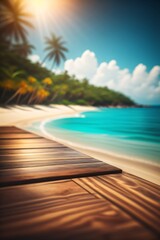 Fototapeta na wymiar photo wooden table with background tropical beach for product stand made with Generative AI