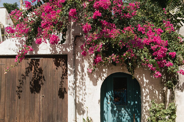 Old ancient colourful textured door in a stone wall and red flowers in Greece, Crete. Vintage doorway. Traditional European, Greek architecture
