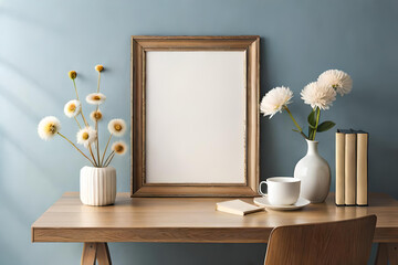 Create a stunning composition featuring an empty wooden picture frame mockup hanging on a beige wall background. Adorn the table with a boho-shaped vase filled with dried flowers. Add a cup of coffee 