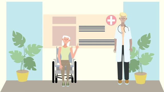 Animation image of doctor and senior patient in wheelchair