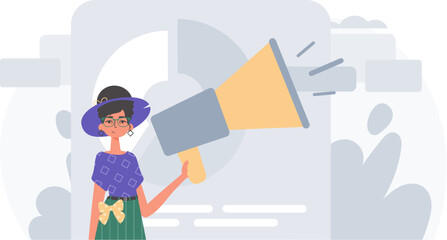 The girlfriend is holding a bullhorn in his bridge actor . digital marketplace concept. Trendy style, Vector Illustration