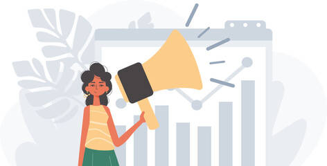 The girlfriend is holding a bullhorn in his bridge actor . digital marketplace concept. Trendy style, Vector Illustration